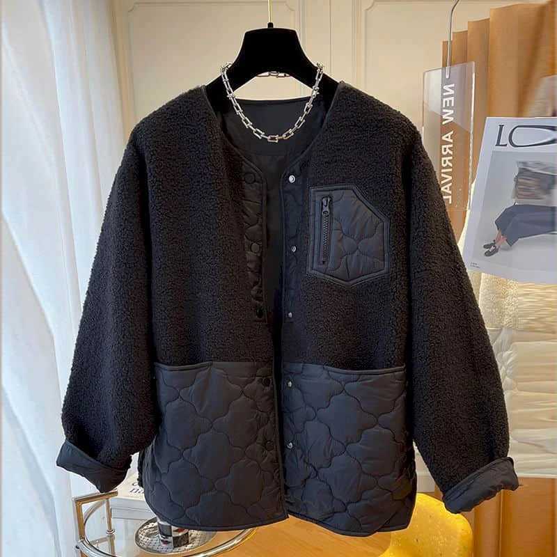 Fleece Jackets for Women Winter Thickened Patchwork Lambhair Oversized Cardigans Long Sleeved Casual Vintage Coats Women TopsX241018