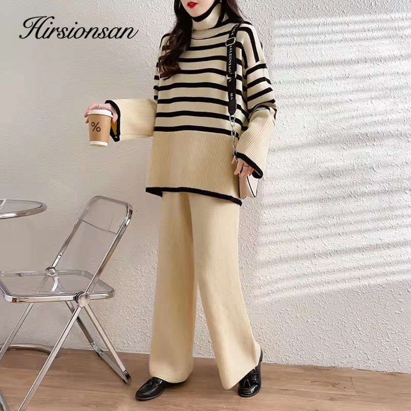 Hirsionsan Turtleneck Sweater And Wide-Leg Pants Two-Piece Suit Women Fashion Slim Loose Slit Knitted Sets Female Casual Outfits