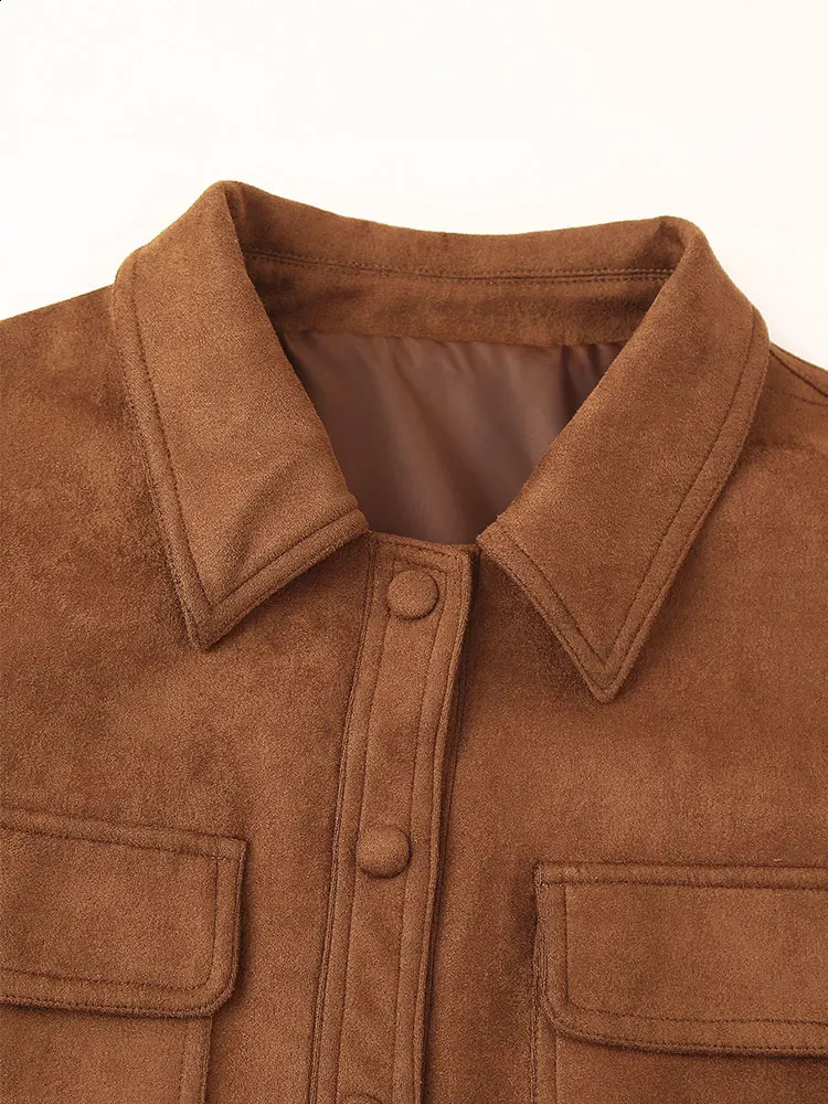 TRAF Autumn Winter Brown Womens Slim Fit Suede Short Jackets Fashion Single Breasted Long Sleeves Cropped Coats Lady Streetwear 241017