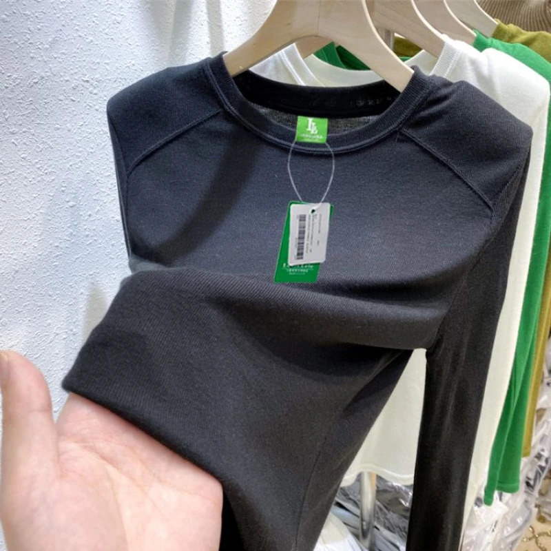 Womens Tshirt Long Sleeve Thin Soft O Neck Autumn Blouse Solid Color Green Fashion Elasticity Slim Shirts for Women 241018