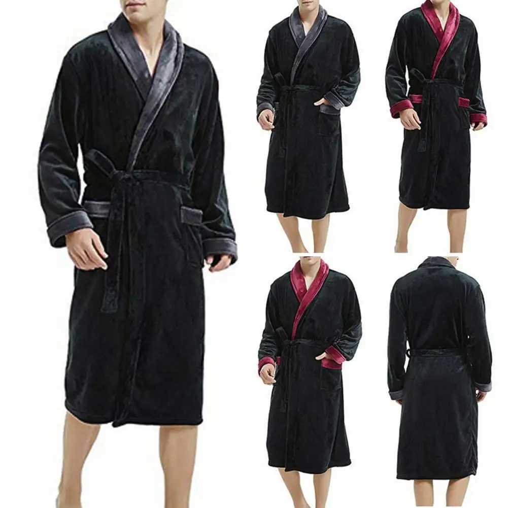 Unisex Bathrobe Cozy Mens Winter Nightgown with Plush Coral Fleece Long Sleeves Tie Waist Stylish Homewear Robe for Great WaterXJ241018