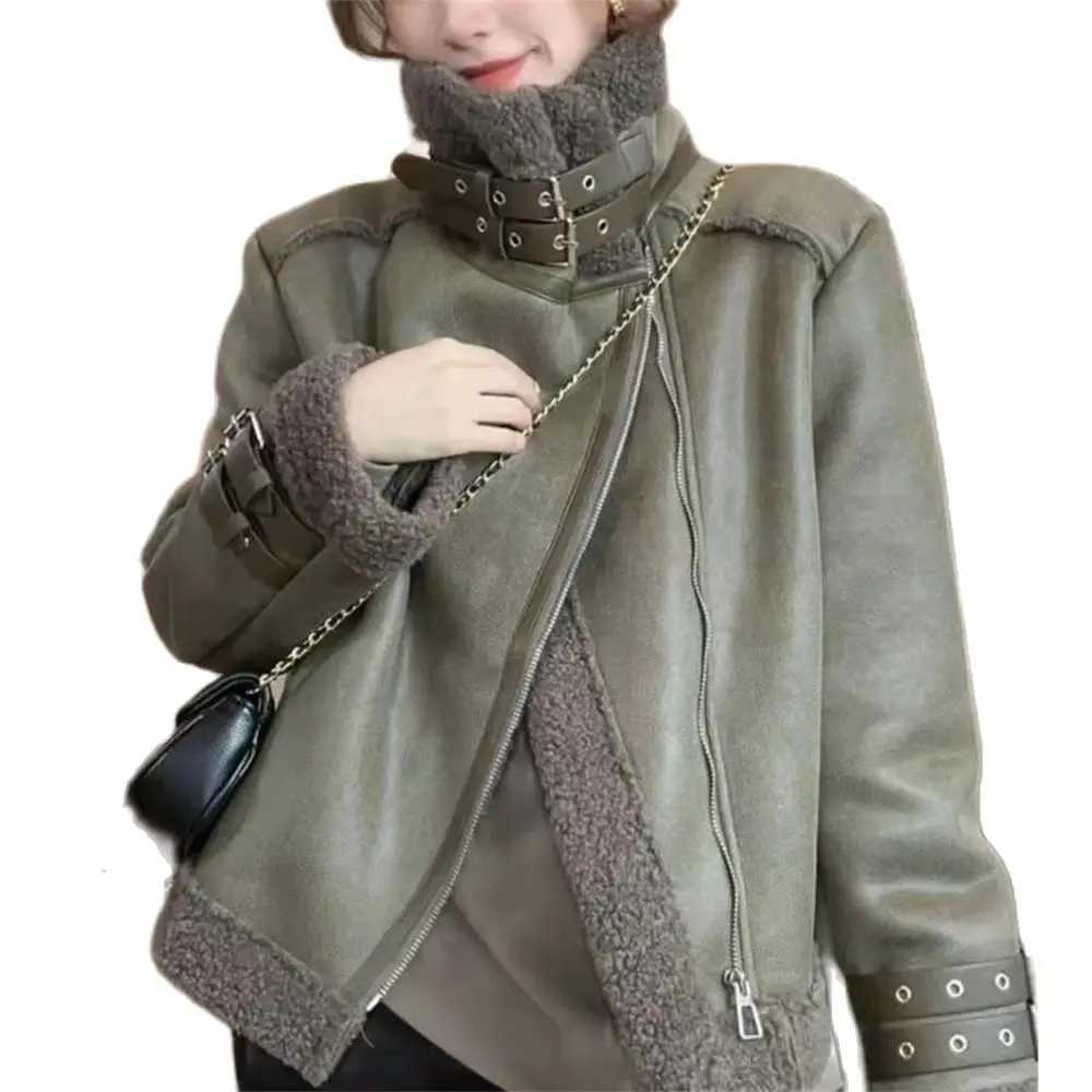 Fashion Lapel Lamb Wool Leather Jacket Women 2024 Winter Long Sleeve Zipper Thickened Coat Casual Chic Female Warm OuterwearX241018