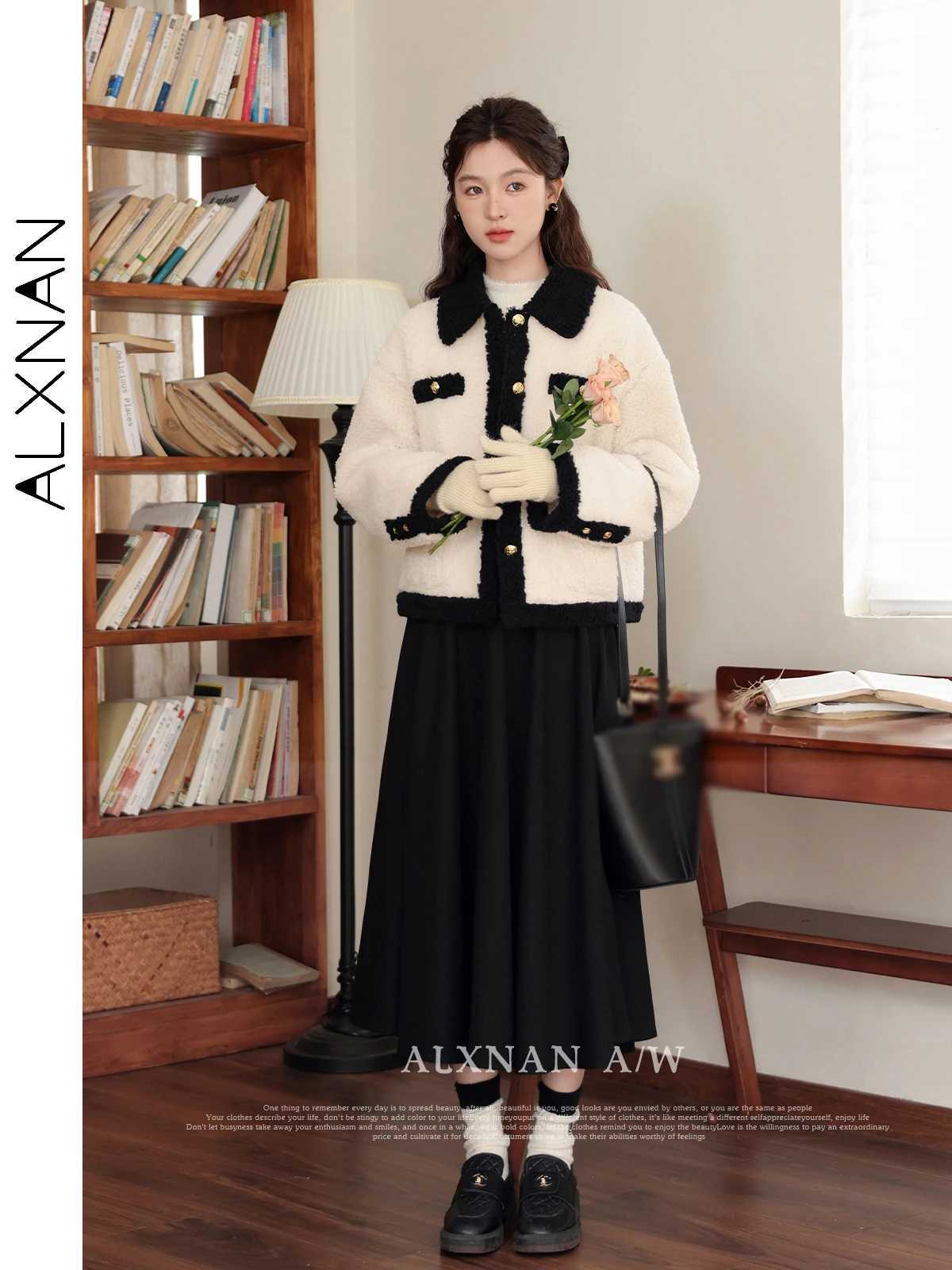 ALXNAN Lamb Wool Coat 2024 Autumn Winter New Elegant Lapel Collar Long Sleeve Loose Short Jacket Outerwear for Women LXN32291X241018