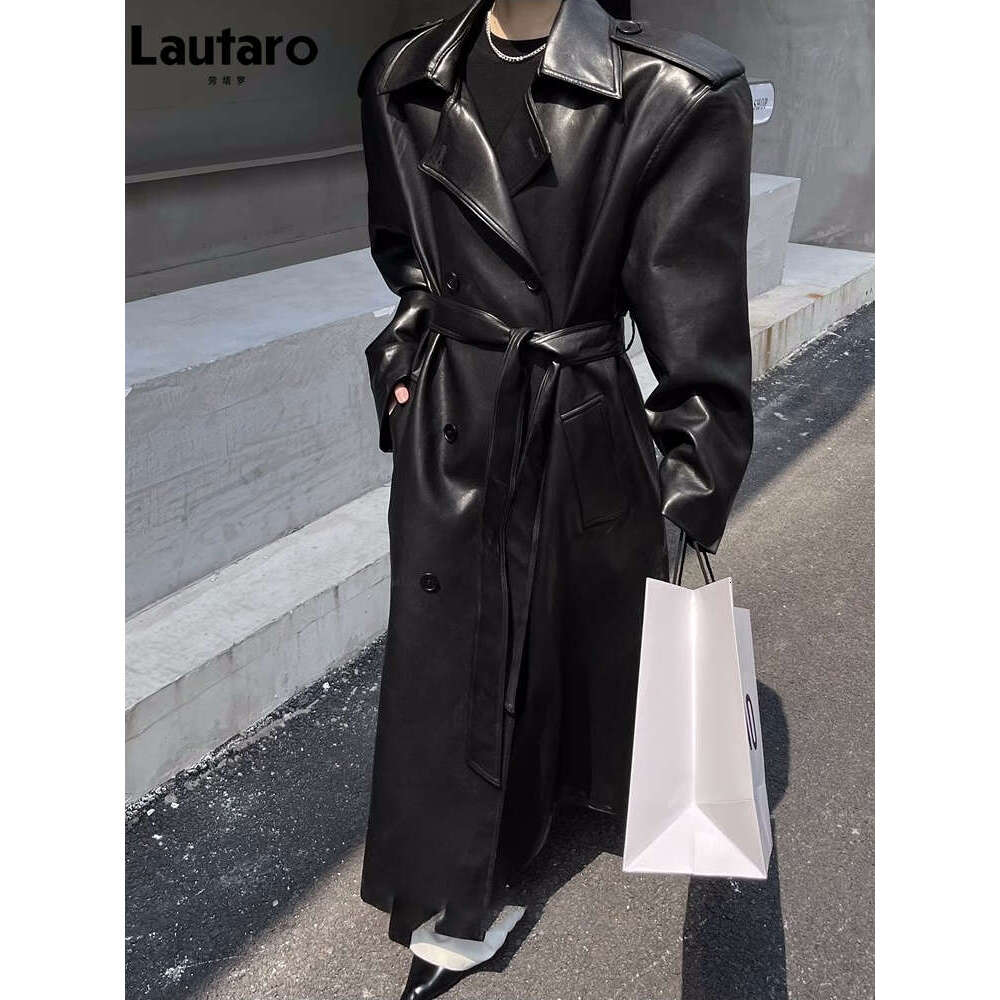 Lautaro Spring Autumn Long Cool Oversized Brown Black Pu Leather Trench Coat For Women European And American Runway Fashion 2023