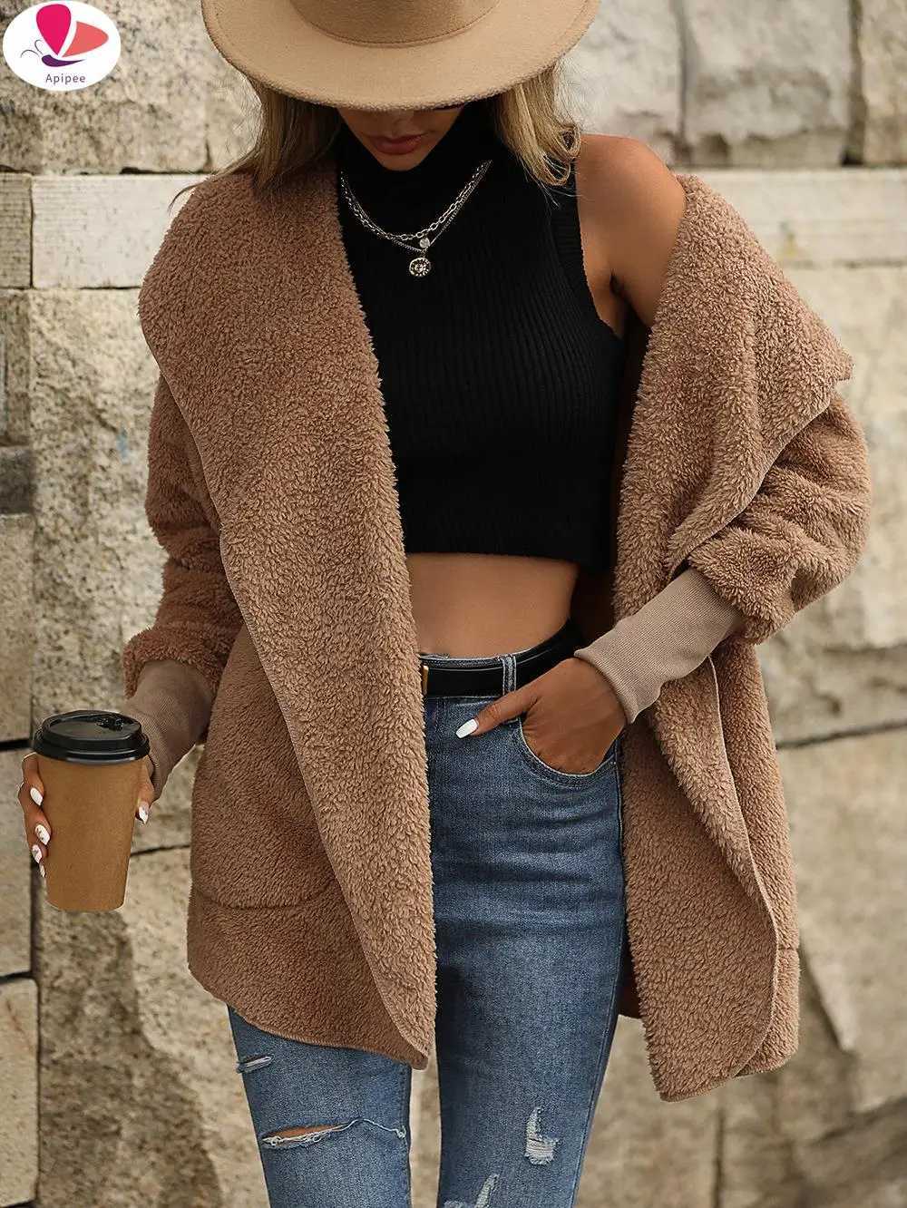 APIPEE 2024 new autumn and winter coat women winter faux lamb wool sheep shearling double-sided cashmere coat womenX241018