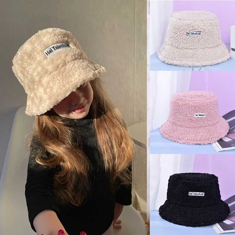 Children Winter Warm Bucket Hat Solid Letter Lamb Wool Baby Girl Boy Hats Thicken Outdoor Kids Panama Flat Sun Cap LX241018