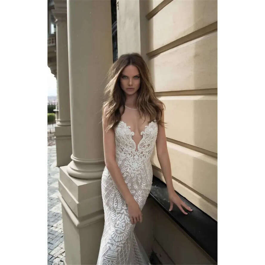 Sheer Back Lace Dresses Berta Necke Jewel Bridal Gowns Or Length Mermaid Wedding Gown