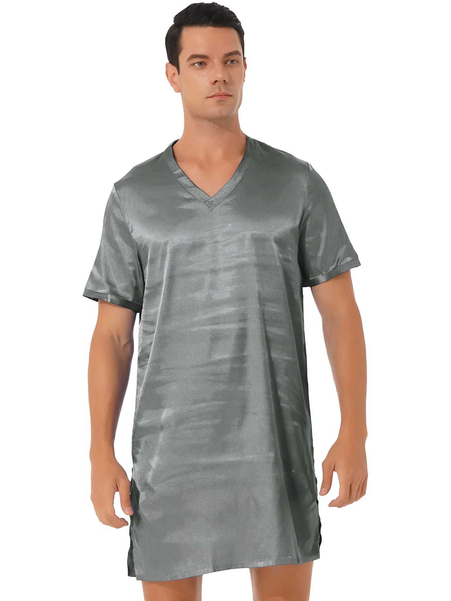 Men Women Satin Pajamas Nightgown V Neck Short Sleeve Bathrobe Sleepwear Pijama Nightclothes Homewear Sides Split NightwearXJ241018