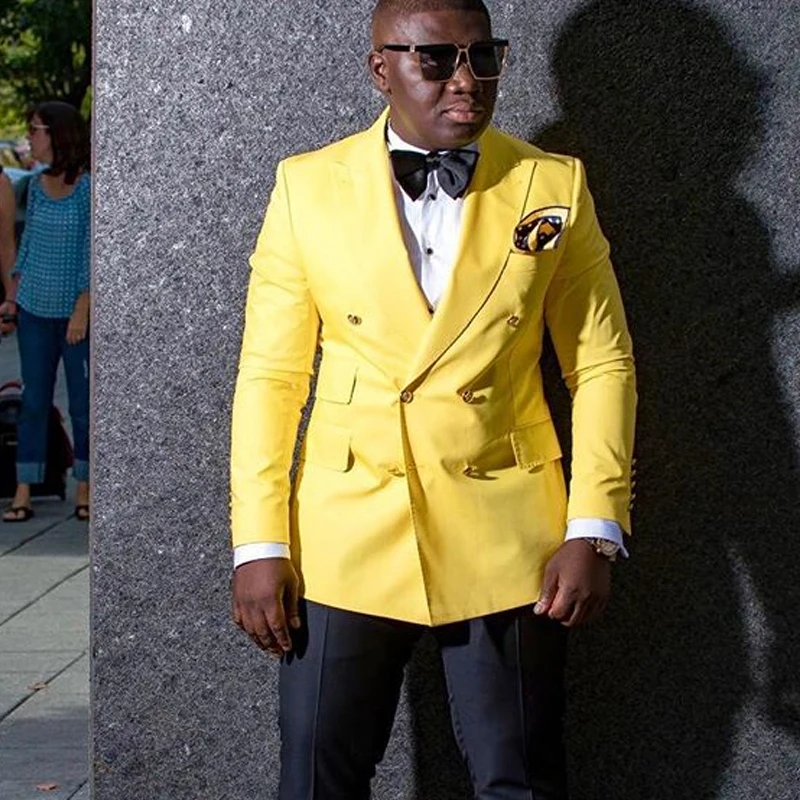 Yellow Double Breasted Prom Suits For Mens Slim Fit 2 Pieces Formal Wedding Groom Tuxedos Jacket With Black Pants Fashion Costume