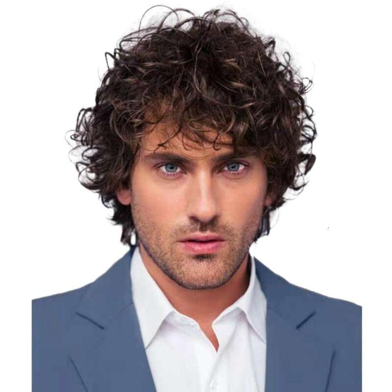 TEMU Men's Fluffy Dark Brown Wig Bangs Upturned Short Curly Hair