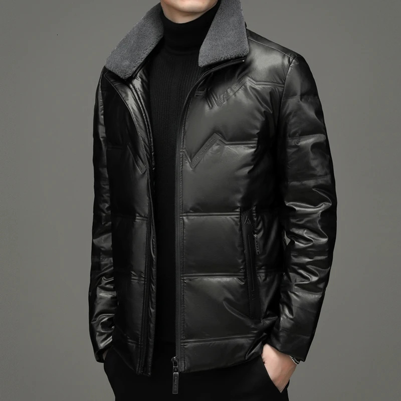 Leather Haining Down Jacket Men's Short Lapels Detachable Fur Collar Thickened Warm High Quality Coat Men