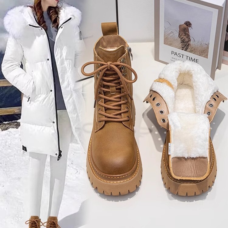 Thick soled Martin boots women's 2024 autumn and winter new workwear with fleece short boots brown motorcycle boots big yellow single boots