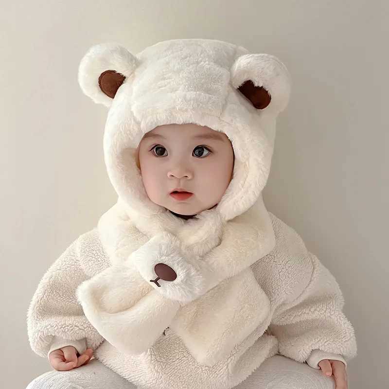Winter Baby Hat Scarf One-Piece Faux Fur Kids Hats Bear Warm Neck Ear Cap for Boys Girls Windproof Beanies Infant Stuffs LX241018
