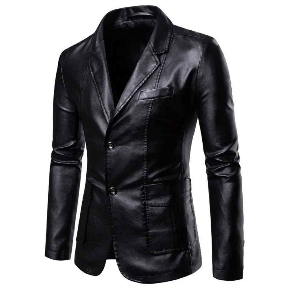 Spring and autumn new mens fashion lapel leather dress jacket ultra-thin suitable for windproof jacket mens business casual Pu jacket Y241018