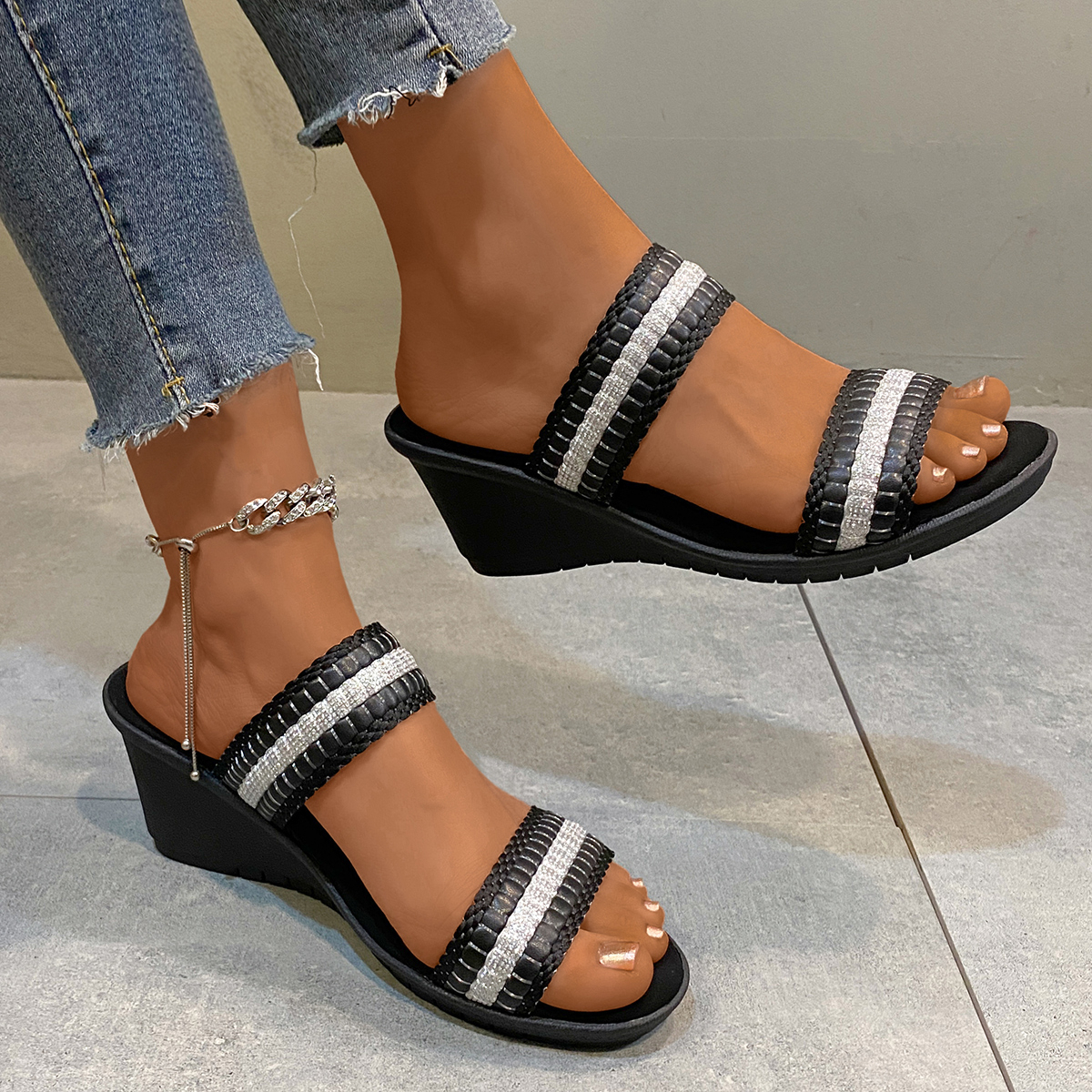 Summer Flip Flops Wedge Slippers Fashion Platform Open Toe Wedges Sandals Strap Crystal Shoes For Women Plus Size Ddmythur