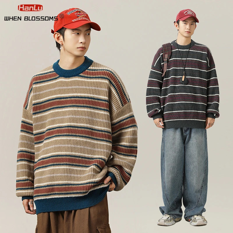 Korean Fashion Vintage Striped Knit Sweater Men Women Pullover Couple knitted Coat Autumn Winter Loose Soft Warm Top streetwear 241018