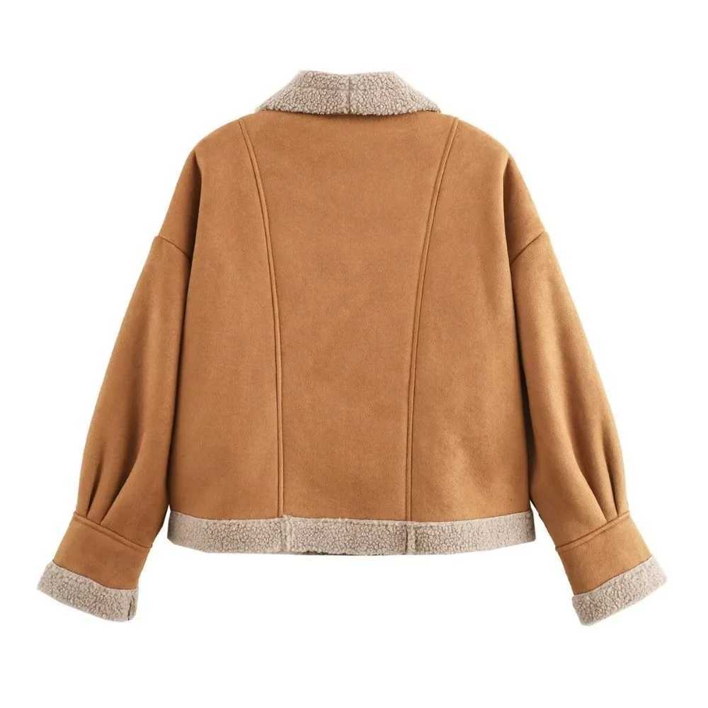 Fashion Lapel Lamb Wool Patchwork Coat Casual Long Sleeve Single Breasted Coat Pocket Warm Autumn Winter Womens Suede JacketX241018