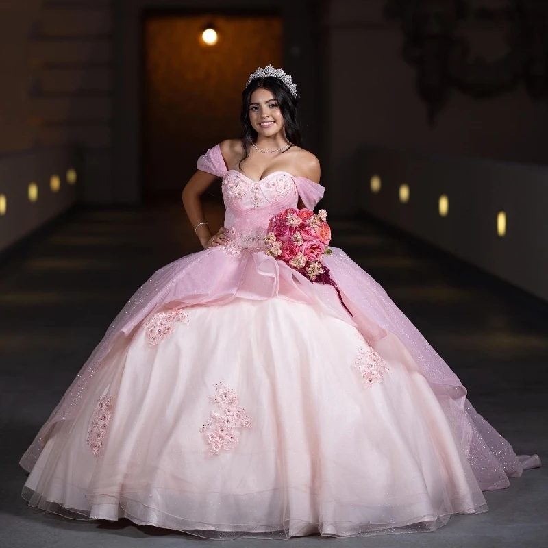 Sparkly Pink Sweetheart Off the Shoulder Princess Ball Gown Quinceanera Dresses Appliques Crystal Tull Sweet 16 Dress vestidos de 15 anos