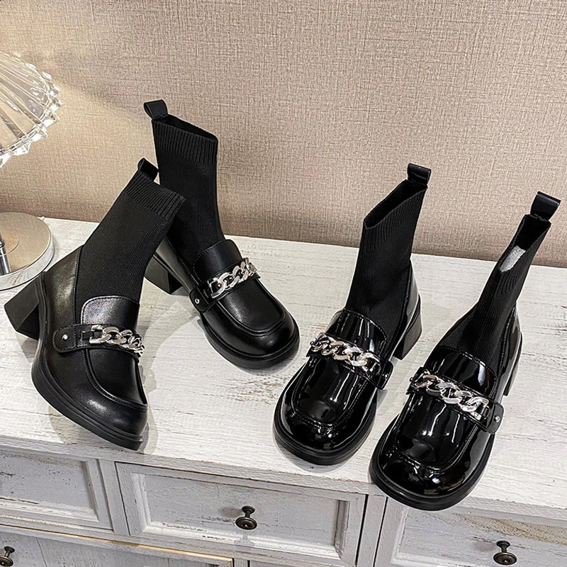 Women Chunky High Heels Boots Winter ShinyMatte Leather Sock Botas Mujer Stretch Slip On Femme Chain Chelsea Ankle Botines 241010