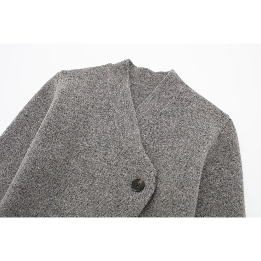 Aoaiiys Grey Knitted Cardigan for Women Sweaters VNeck Asymmetrical Long Sleeve Elegant Female Cardigans Fashion 241010