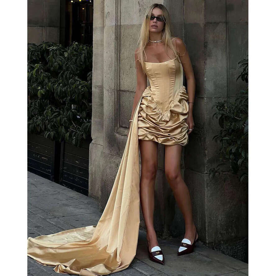 Straps Modern Evening Spaghetti Short Prom Gowns Sleeveless Satin Solid Color Custom Made Party Dresses 0719
