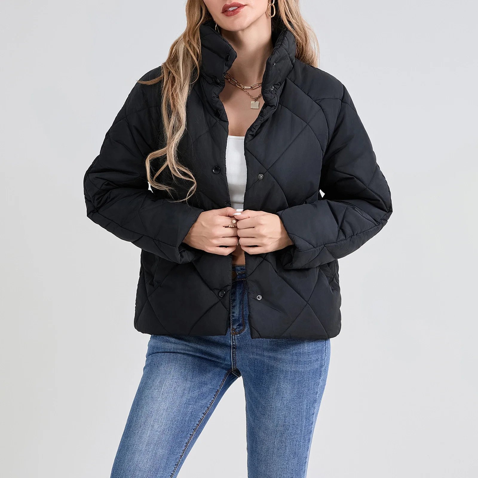 Womens Winter Puffer Coats Solid Color Long Sleeve Stand Collar Button down Quilted Jackets Warm Parkas 241018