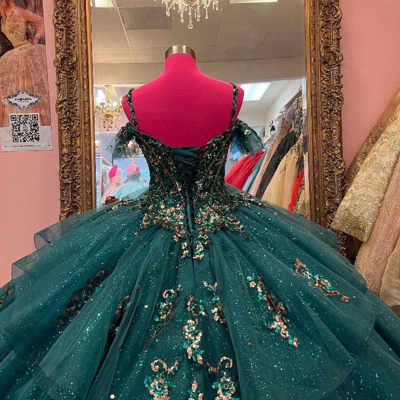Blackish Green Quinceanera Dresses Sequin Applique Lace Beading Tull Ball Gown Off The Shoulder Sweet Princess Vestidos De 15 Anos Sweet 16 Dress