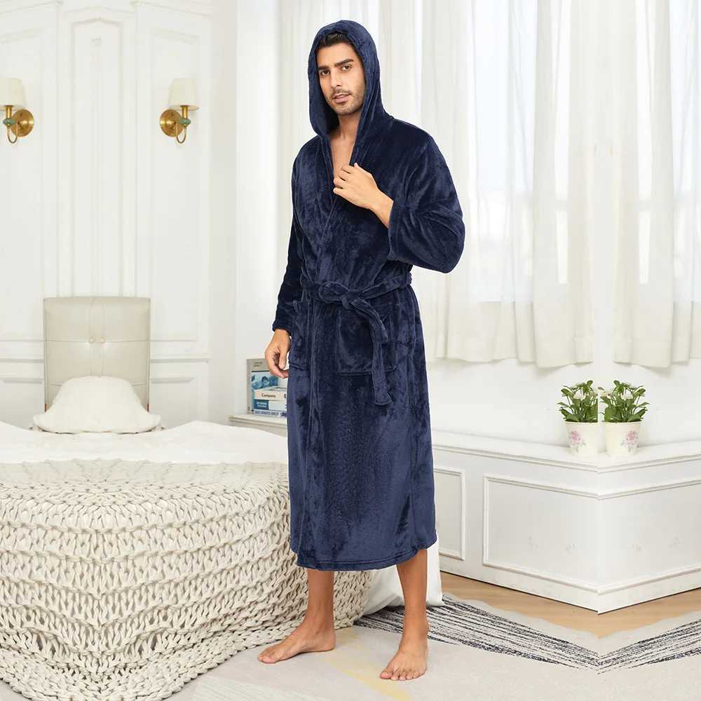 Solid Color Hooded Kimono Shower Robe for Men Autumn Winter Warm Shower Bathrobe Gown Soft Home Clothes with Pocket NightgownXJ241018