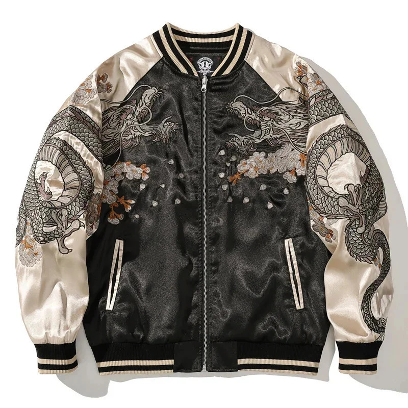 Embroidered Dragon Hip Hop Jacket Contrast Color High Street Baseball Coat Harajuku Trendy Outerwear Casual Loose For Men 241018