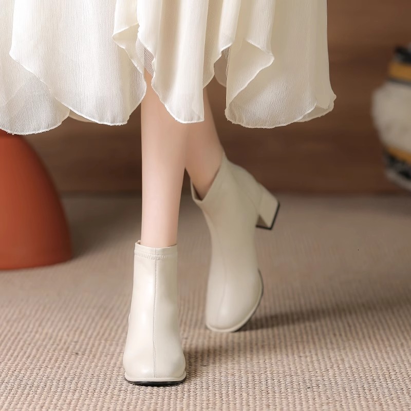 coarse heeled short boots for women 2024 spring and autumn single boots fashionable french high heels slim boots martin small round toe white womens b