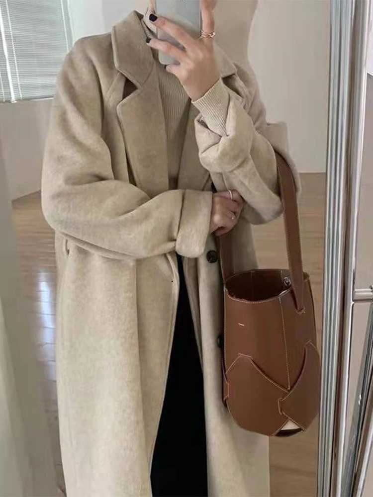 Women Loose Thicken Tweed Overcoat 2023 New Autumn Winter lace up Simple Fashion Solid 2 Sets Jacket Female Oversize Casual CoatX241009