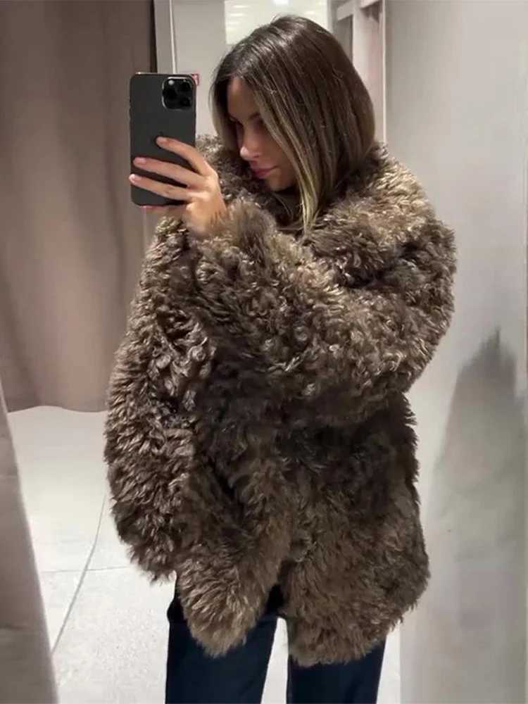 Fashion Lamb Wool Coats Women Brown Lapel Long Sleeve Cozy Overcoat Female 2024 Autumn Winter New Loose Warm Commuter OutwearsX241018