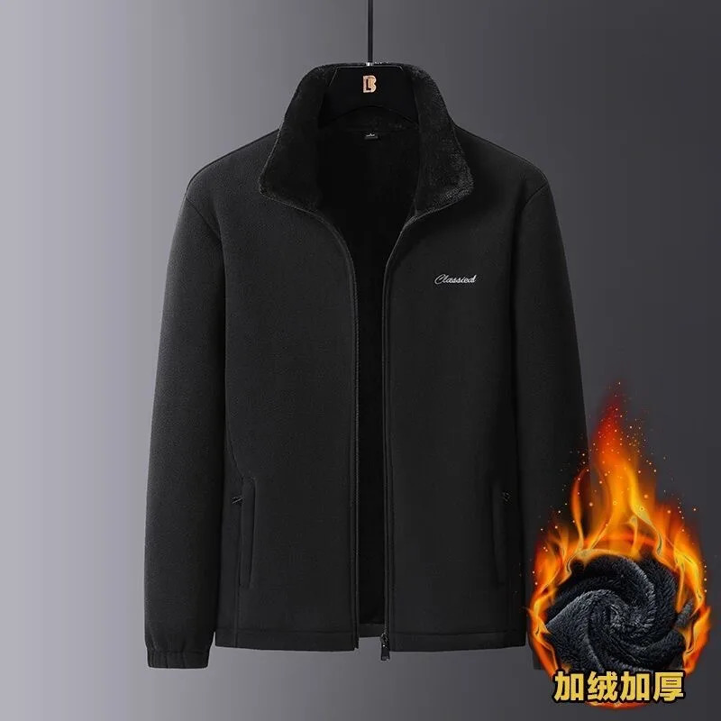 Winter Polar Fleece Thickened Men Coat Zipper Stand Collar Solid Color Casual Warm Pokect Outwear Jackets Tops 241018
