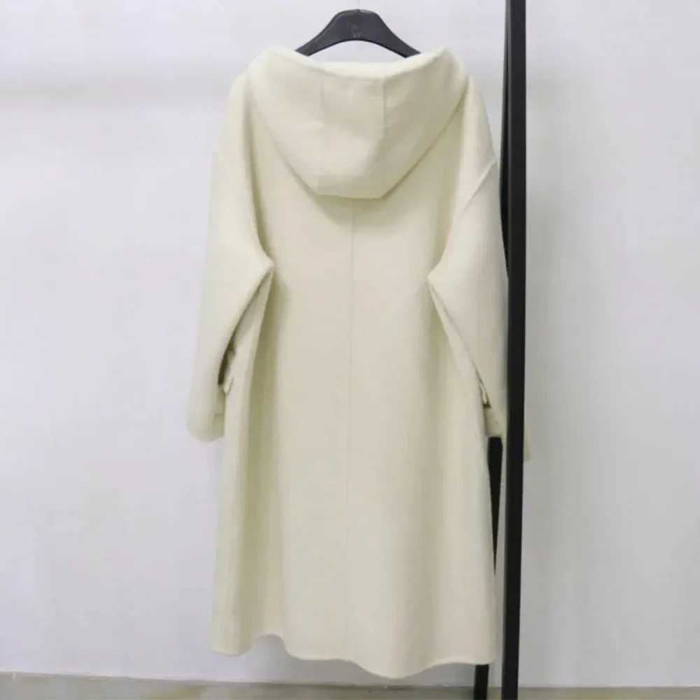 New Loose Horn Button Double-sided Woolen Coat Women Hooded Fashion Long Sleeve Real Woolen Coat Warm Outerwear Autumn WinterX241009
