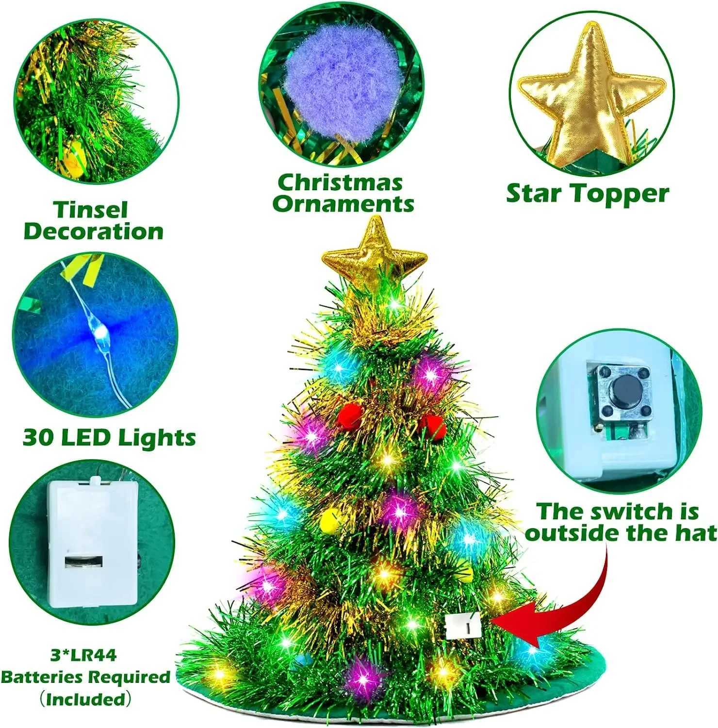 Stingy Brim Hats Christmas tree hat with Tinsel LED color lights Star New Year costume suitable for adults and childrens Christmas decoration Y241018K