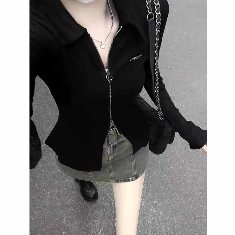 Lucyever Autumn Black T Shirts Women Y2K Streetwear Zipper Crop Tops Woman Sexy Slim Turn Down Collar Long Sleeve Tees Lady 241018