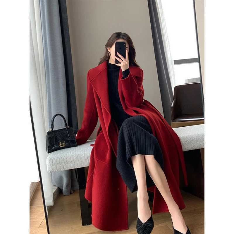 MEXZT Belt Long Wool Coats Women Vintage Lace Up Woolen Overcoat Korean Bandage Thick Jacket Winter Elegant Red Chic Outwear NewX241009