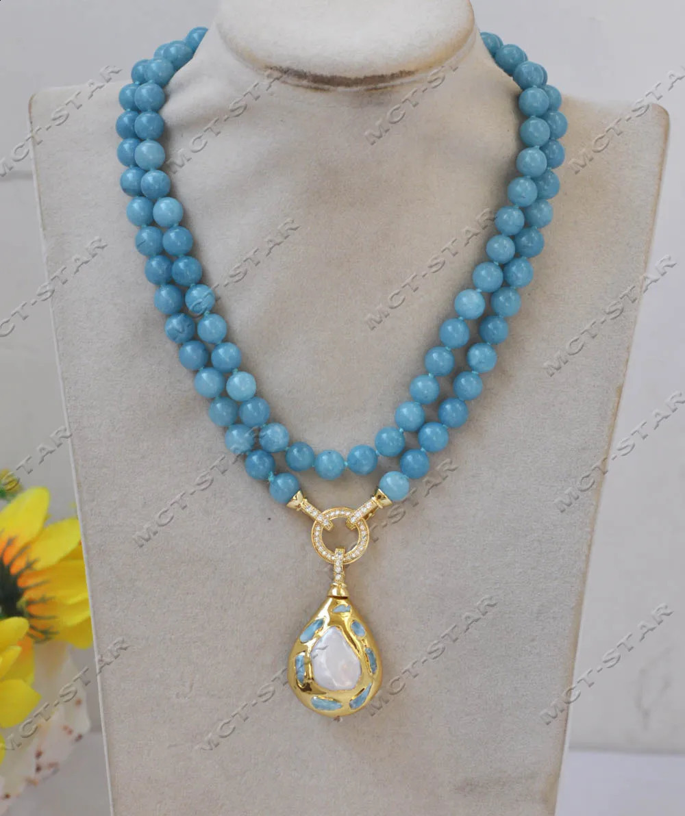 Z13029 32 natural round lapis lazuli lapis lazuli aquamarine gemstone pearl necklace plated with gold beads pendant 241017