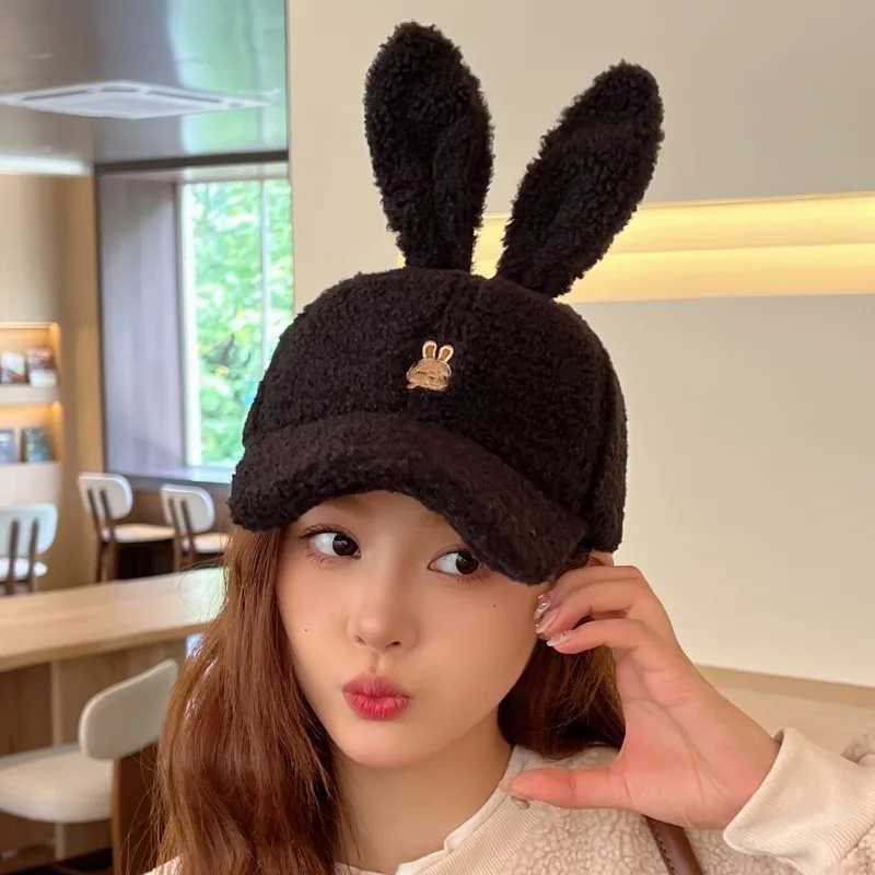 Casual Cute Rabbit Ears Baseball Cap Fall and Winter Show Face Small Hundred with Lambs Wool Duck Tongue Hat Warm Rebound CapX241018