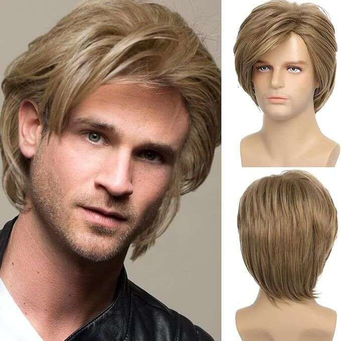 2023 Light Brown Men's Short Wig Layered Straight Hair Fluffy Natural Direct Sales