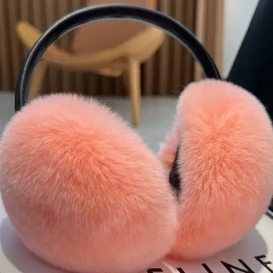 100% Natural Fur Ear Muffs for Women Winter Fur Headphones Soft Warm Cable Furry Real Rex Rabbit Ear Covers for Cold Weather 241018