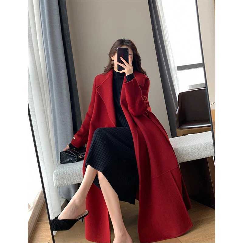 MEXZT Belt Long Wool Coats Women Vintage Lace Up Woolen Overcoat Korean Bandage Thick Jacket Winter Elegant Red Chic Outwear NewX241009
