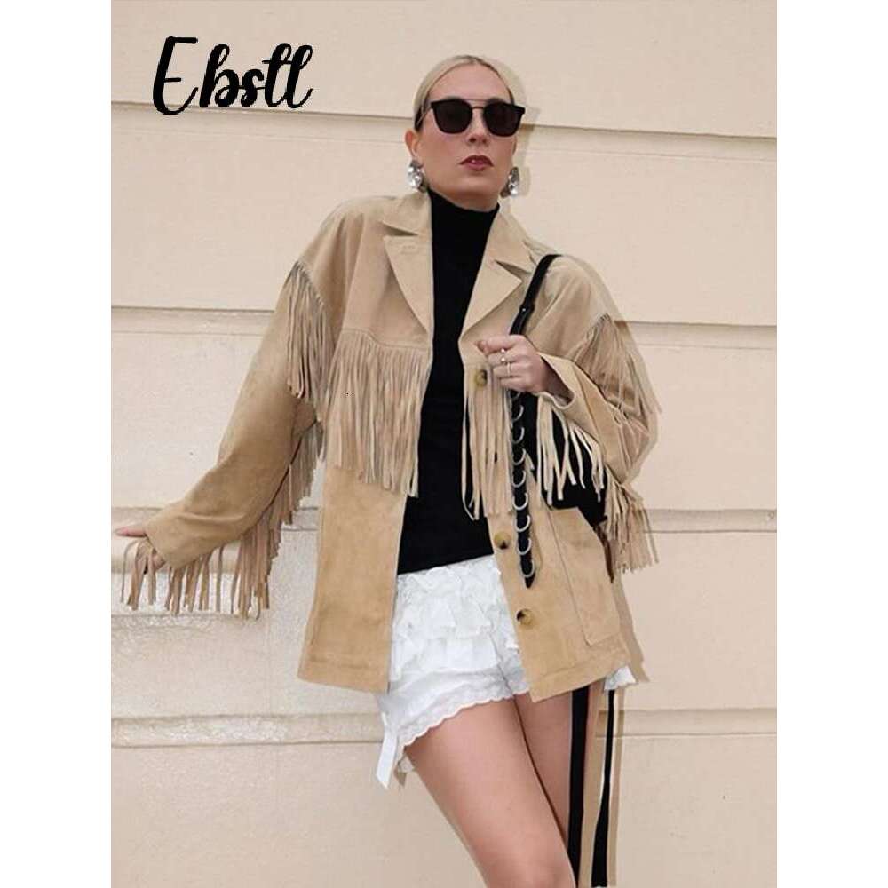 Vintage Faux Suede Tassel Jacket Women Elegant Long Sleeve Single-Breasted Lapel Coats 2024 Autumn New Lady Loose Urban Outwear