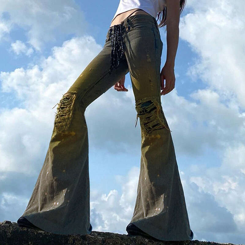 Vintage Ripped Flare Women Sexy Low Waisted Lace-Up Washed Jean Pants Y2k Denim Trouser Old Worn Out Trend Slim