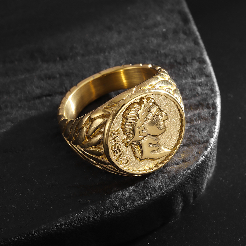Hip Hop Classic Julius Caesar Casting Ring Titanium Steel 18k Gold Plated Jewelry