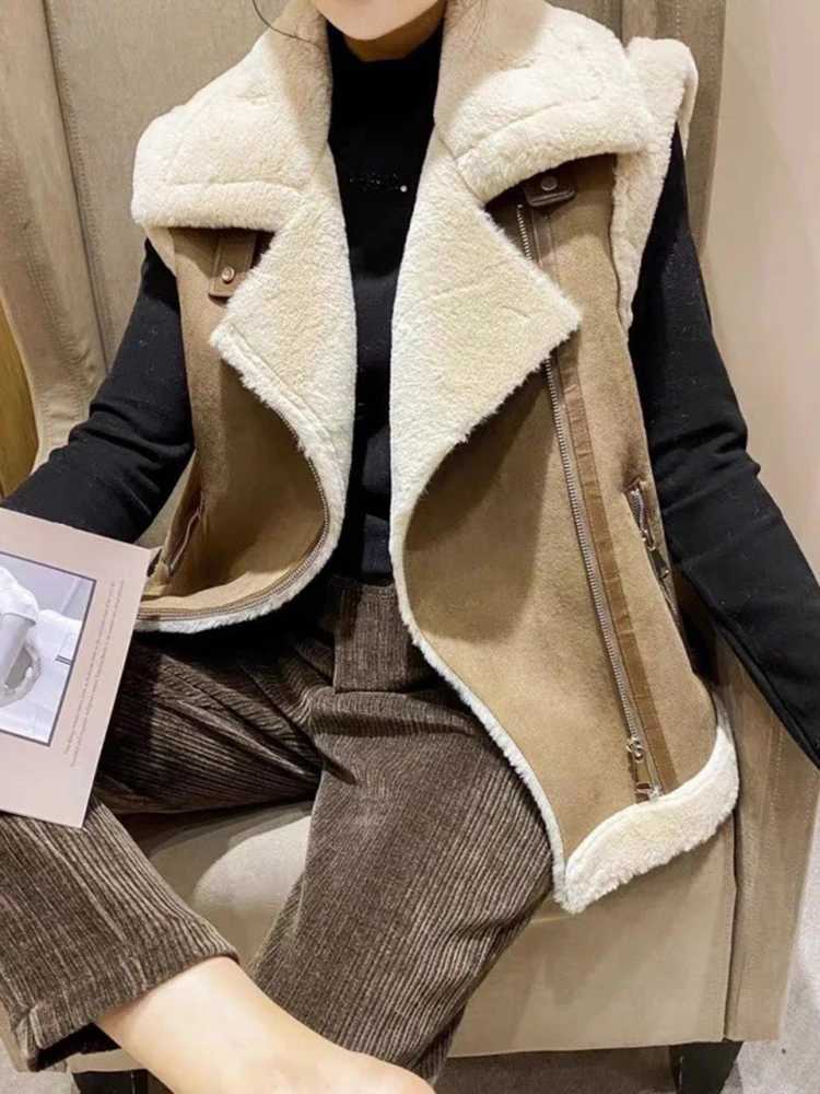 BZVW Leather And Fur Integrated Vest For Women Lapel Zipper Design Contrast Color Lamb Woolen Coats Winter 2024 New 25A8897X241018