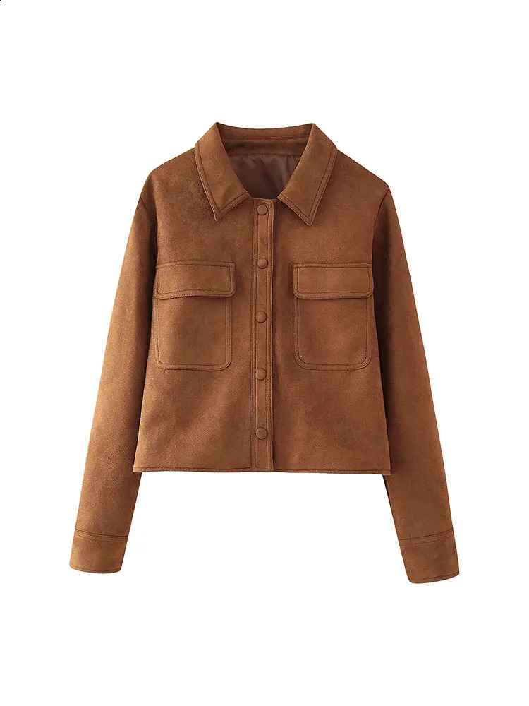 TRAF Autumn Winter Brown Womens Slim Fit Suede Short Jackets Fashion Single Breasted Long Sleeves Cropped Coats Lady Streetwear 241017