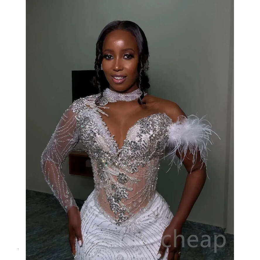 Designer Dresses Wedding Mermaid Bridal Gown Crystals Beaded One Shoulder Long Sleeves Feather Satin Ruffles Custom Made Vestidos De Novia Plus Size
