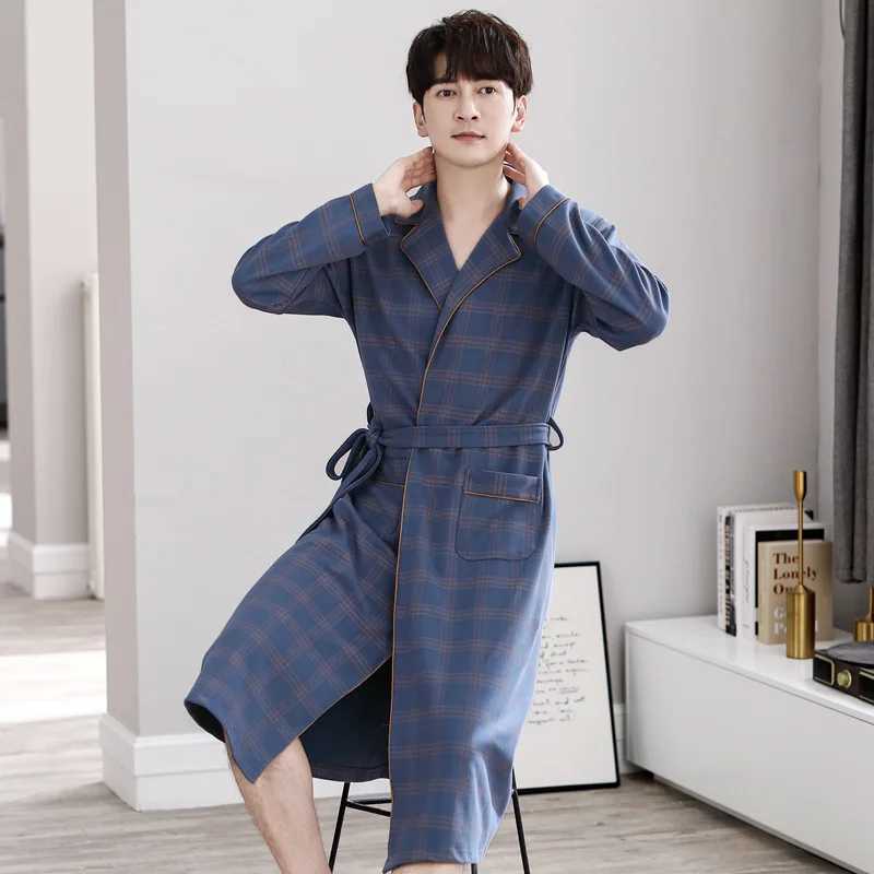 Mens Casual Plaid Long Nightgown Kimono Bathrobe Gown Cotton V-neck Intimate Lingerie Long Sleeve Spa Robes Sleepwear For MaleXJ241018