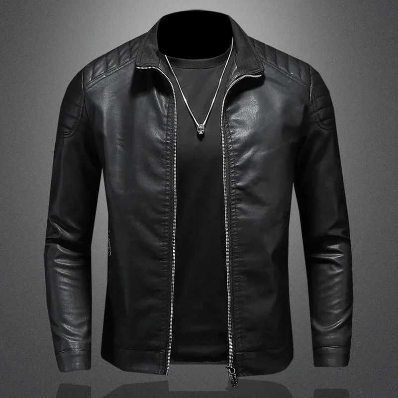Mens standing collar bicycle jacket high-quality casual and fashionable leather jacket Trench leather synthetic bicycle jacket Y241018